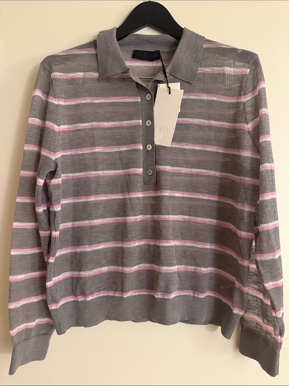 Zara Wool Lightweight Knit Gray & Pink Stripe Polo Sweater